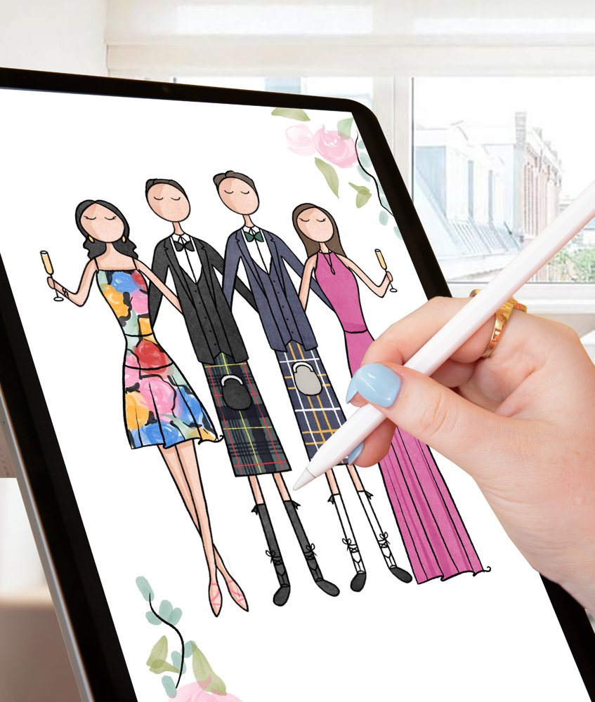 A colourful digital illustration of four wedding guests