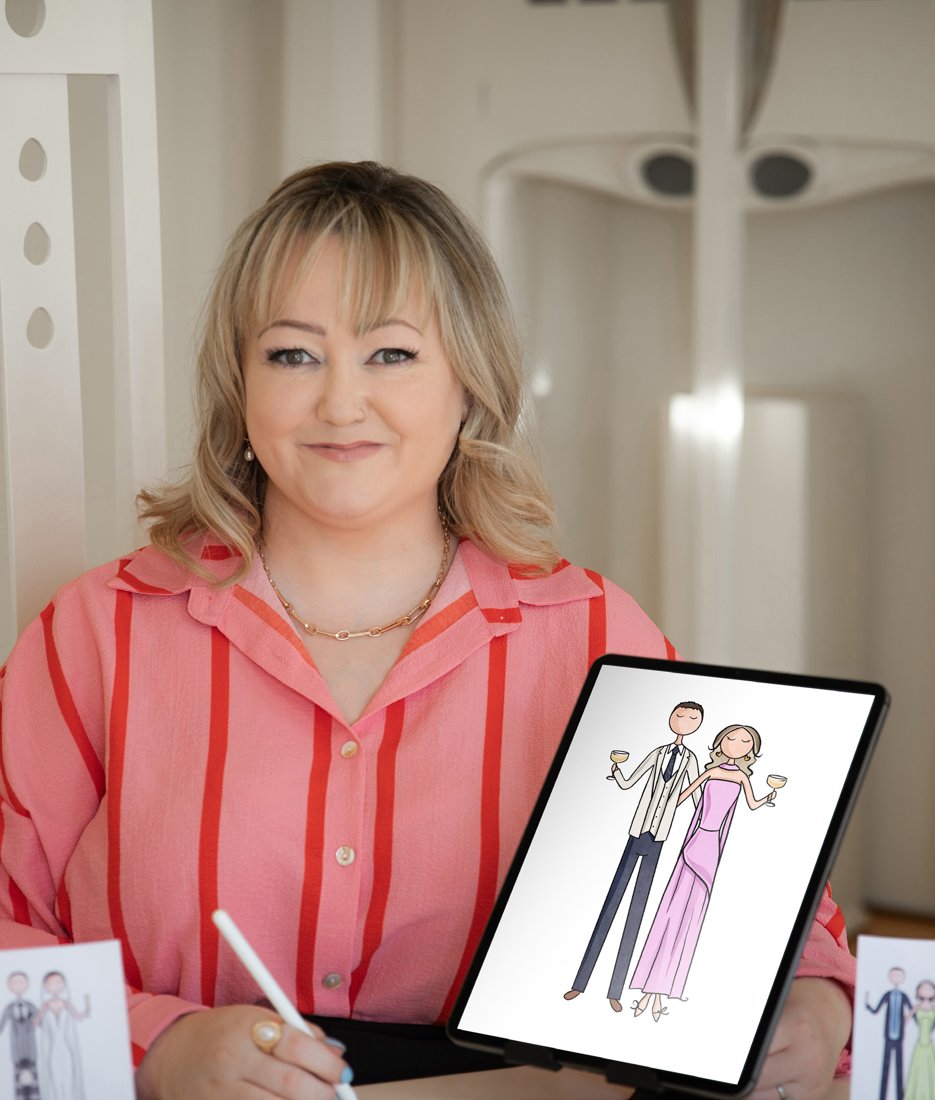 Natasha holding an iPad showing an illustrated couple